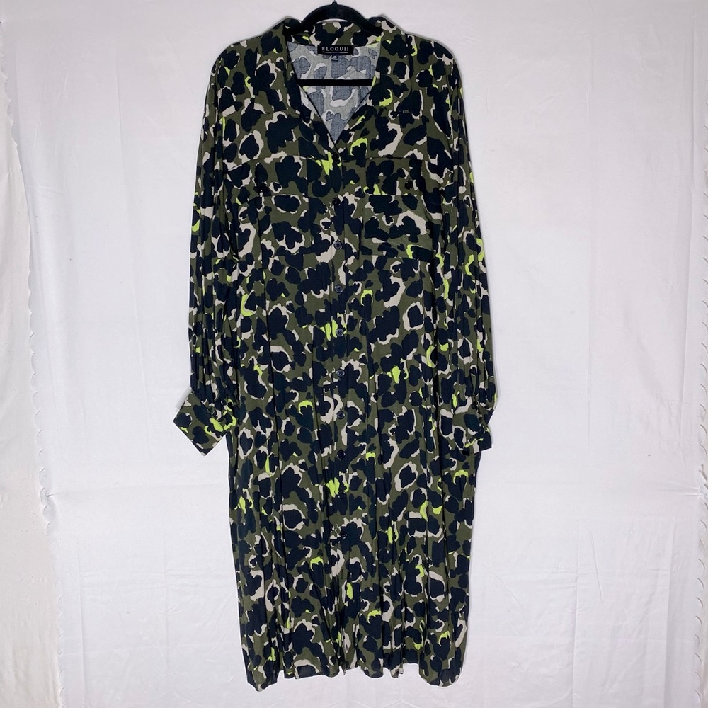 Eloquii Black Green Grey Animal Print Button Front Long Sleeve Dress 26